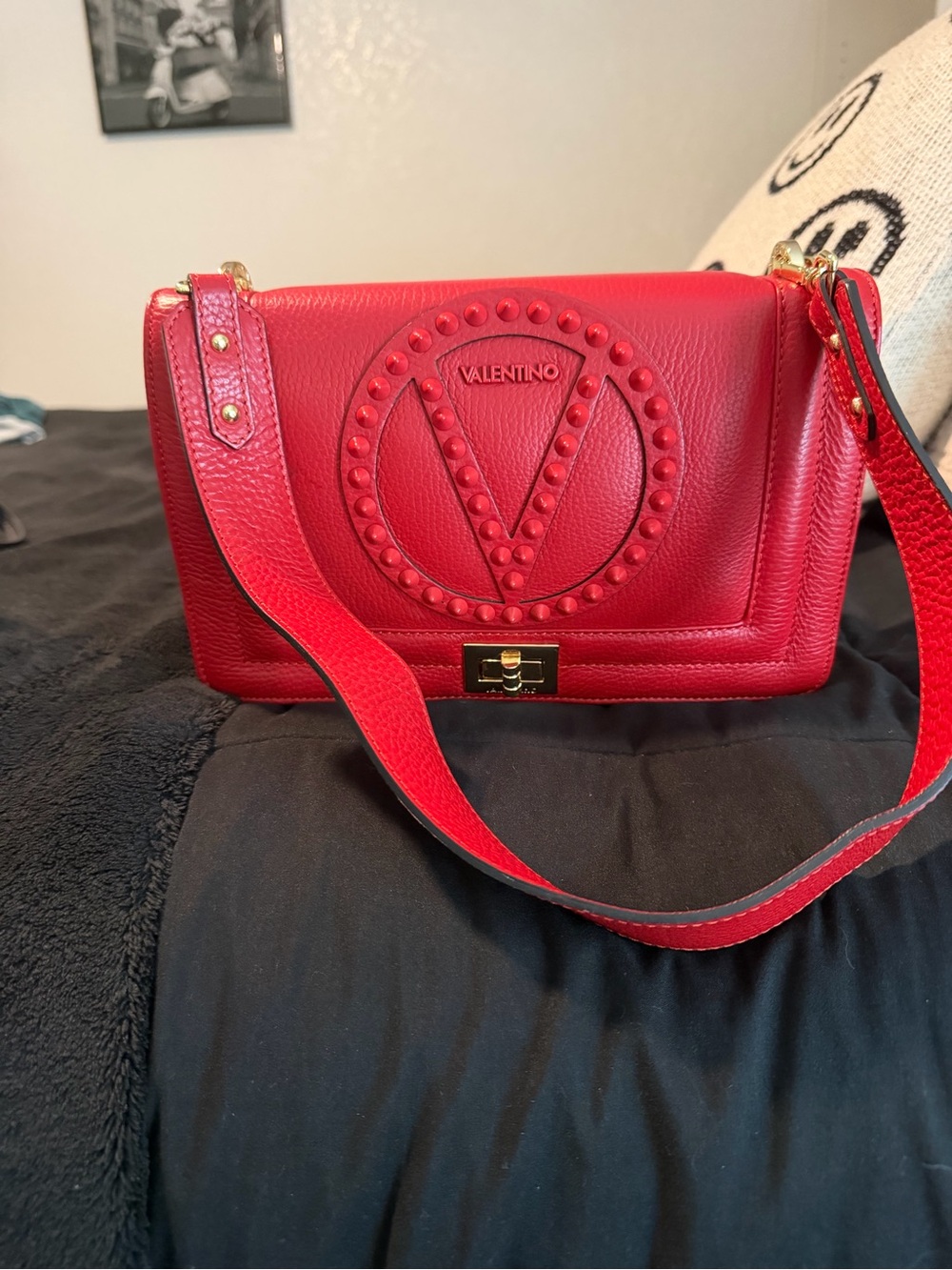 Valentino Red Pebbled Leather Shoulder Bag with Stud Logo